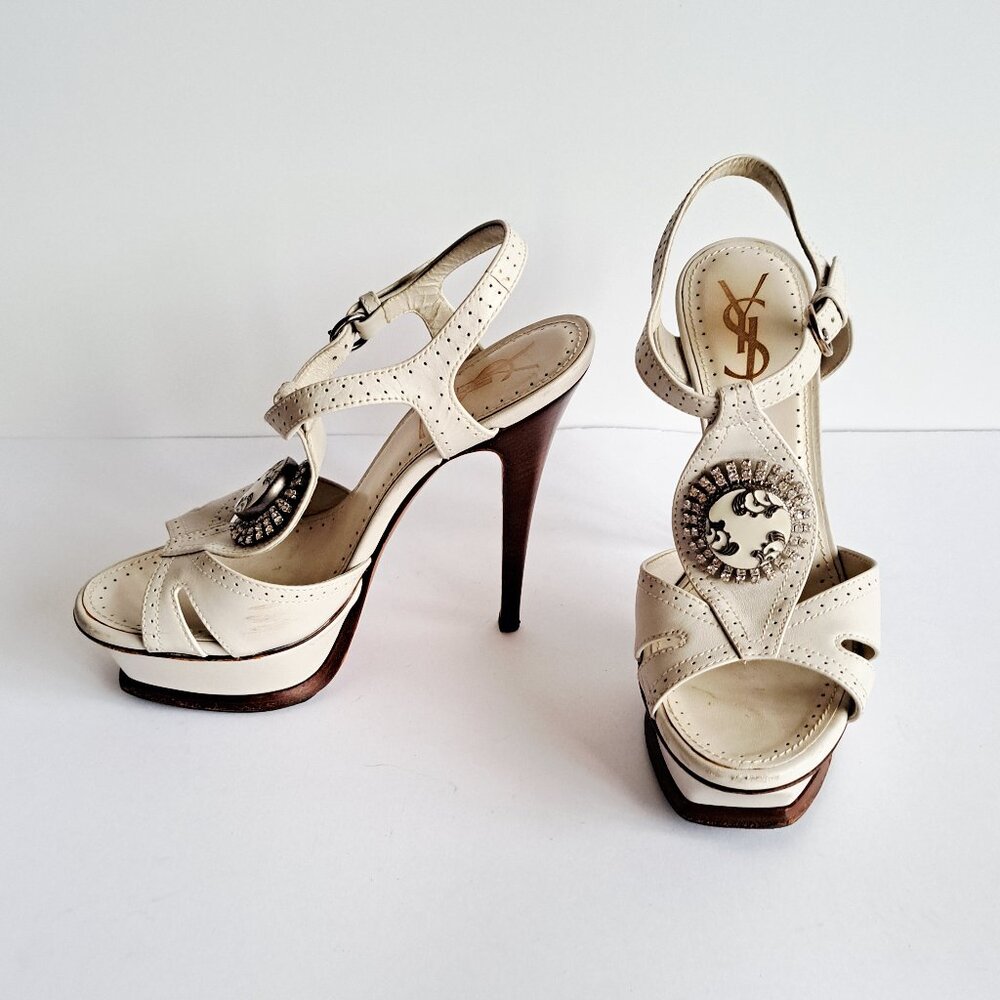 Yves Saint Laurent Off-White Sandals High Heels Shoes Ankle Strap Size 36.5/ 6.5